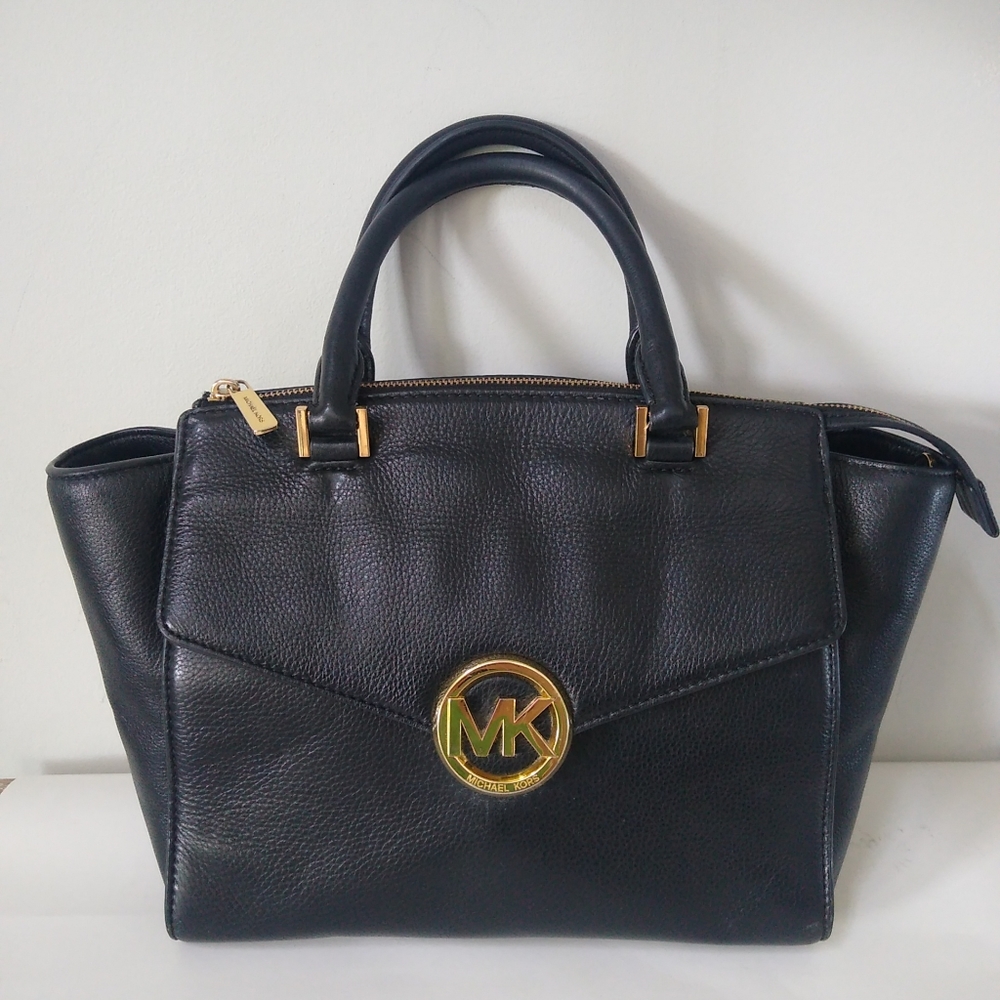 Michael Kors Hudson Black Pebble Leather Large Satchel Top Handle Purse Big Logo